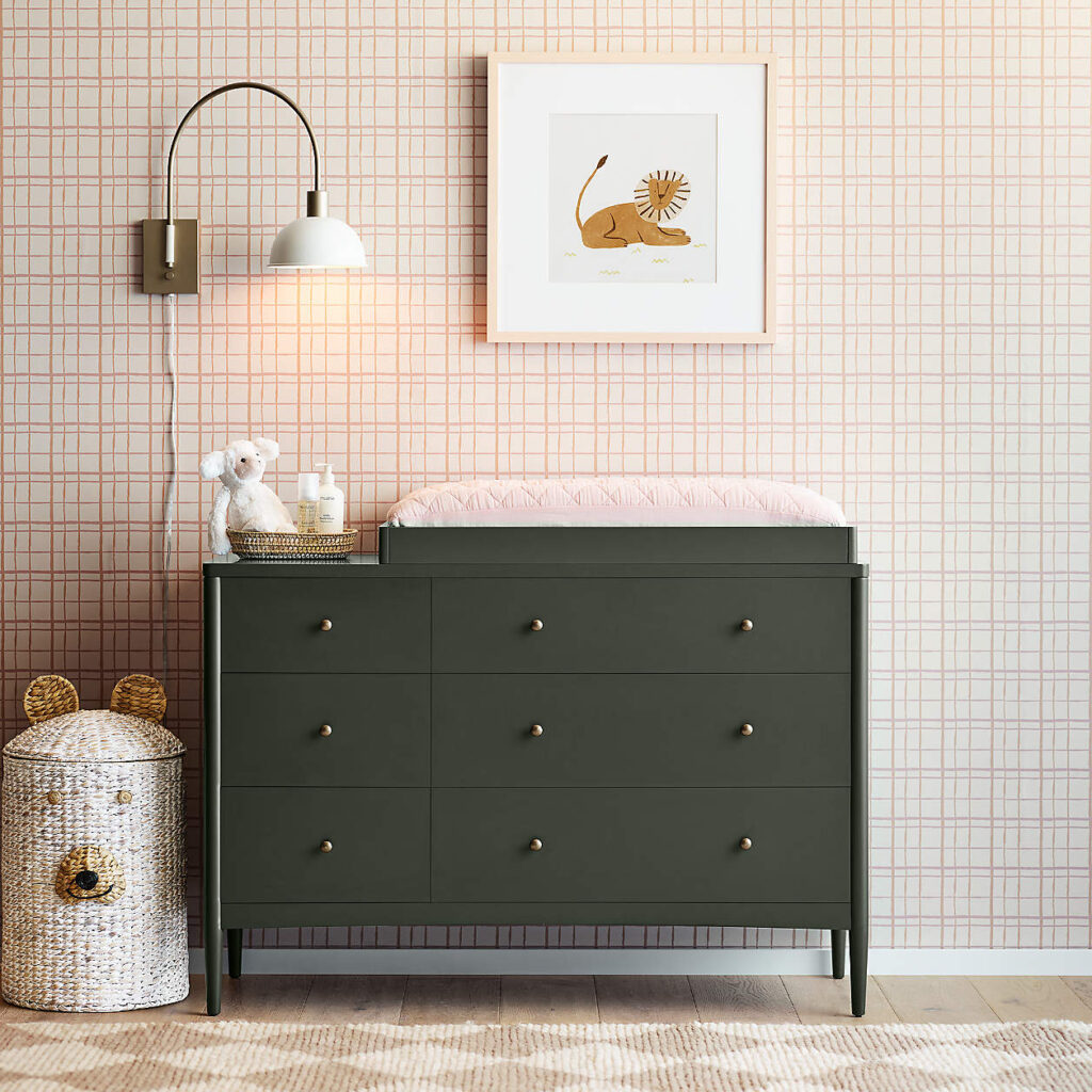 Hampshire Olive Green dresser from Crate & Kids, adding a pop of color and storage to a kids' room in your vacation rental